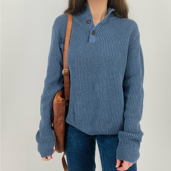 Cotton Henley Waffle Knit Slouchy Oversized Sweater - M - Blue - Picture 2 of 8